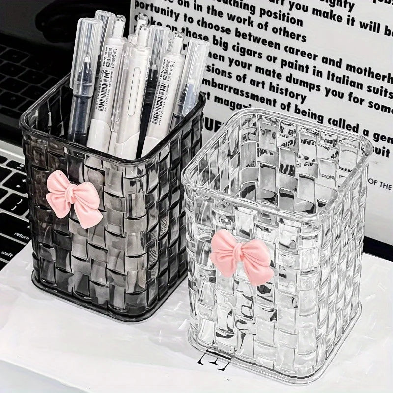 Acrylic Desk Organizer | Clear Pen Holder with Bow Accent